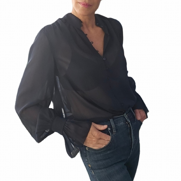 🎁HOLIDAY SPECIAL🎁NWT. L'AGENCE Marion Sheer Ruffle Blouse In Midnight - Picture 11 of 16